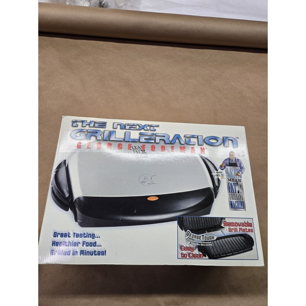 George Foreman Grill GRP4A, New In Open Box, Missing Plastic Spatula,Minor Crack